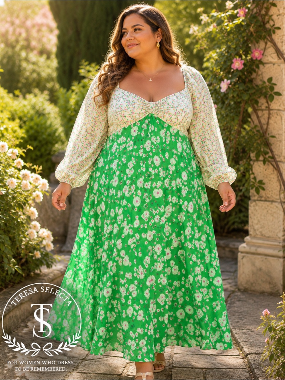 NWT RIXO 24W/26W Green Daisy Floral Mixed Print Long Sleeve Maxi Dress